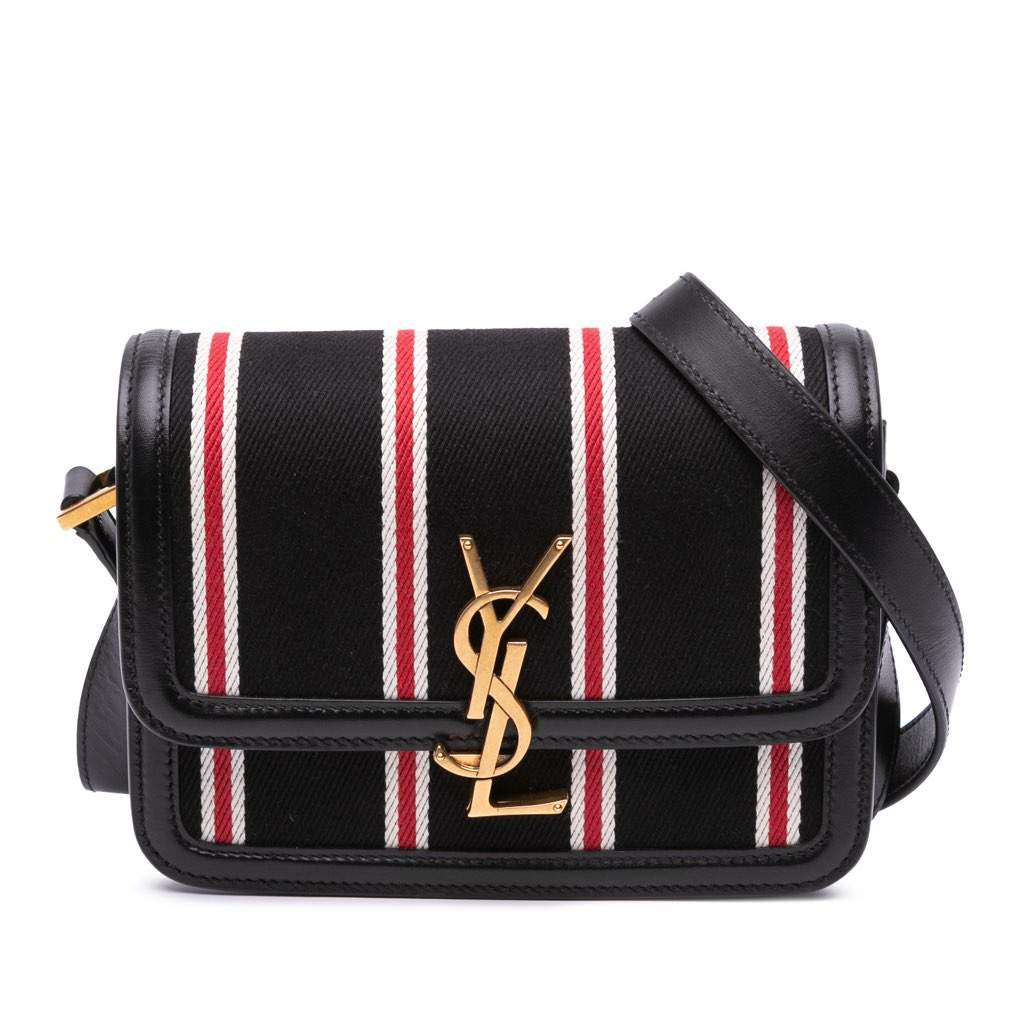 Saint Laurent Small Canvas Striped Solferino Satchel In Box Black Canvas Very good - Front View