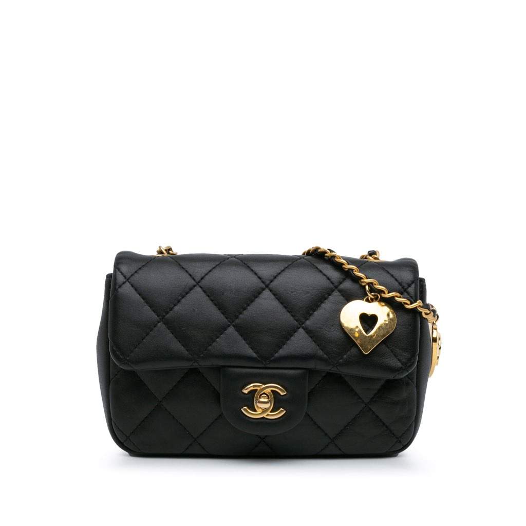Chanel Mini Rectangular Quilted Lambskin Heart Charms Flap Black Leather Good - Front View
