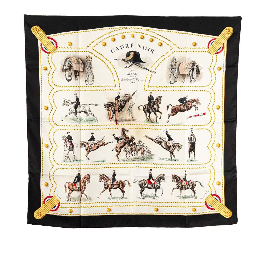 Hermès Cadre Noir Silk Scarf White Silk Good condition - Front View