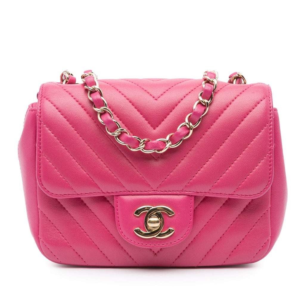 Chanel Mini Square Classic Chevron Lambskin Single Flap Pink Leather Very good - Front View