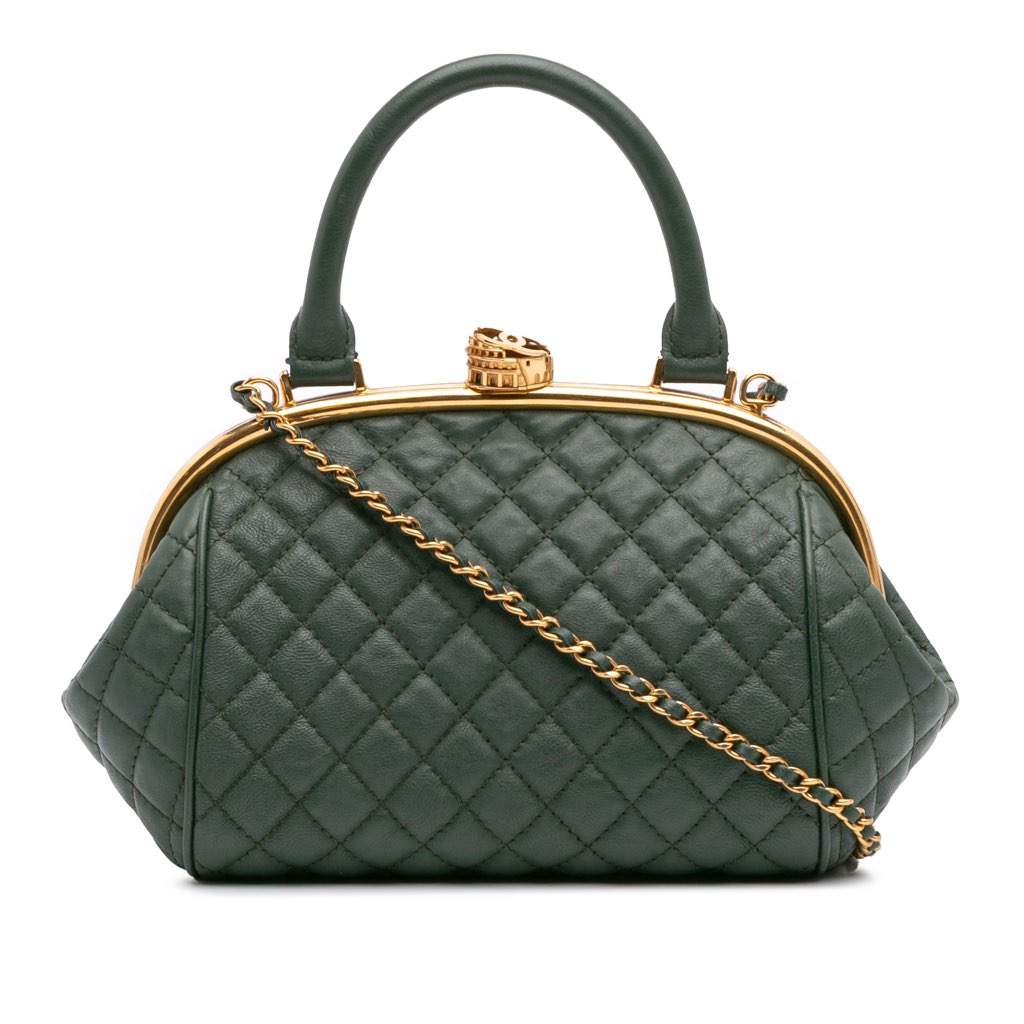 Chanel Small Quilted Calfskin Colosseum Lock Frame Bowling Bag Green Leather Good - Front View