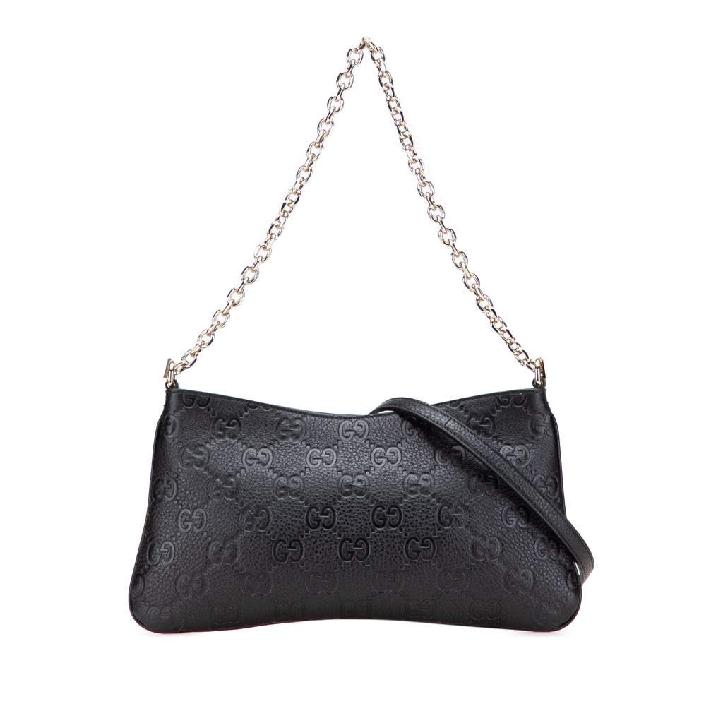 Gucci Medium GG Emblem Embossed Leather Shoulder Bag Black Leather Good - Front View