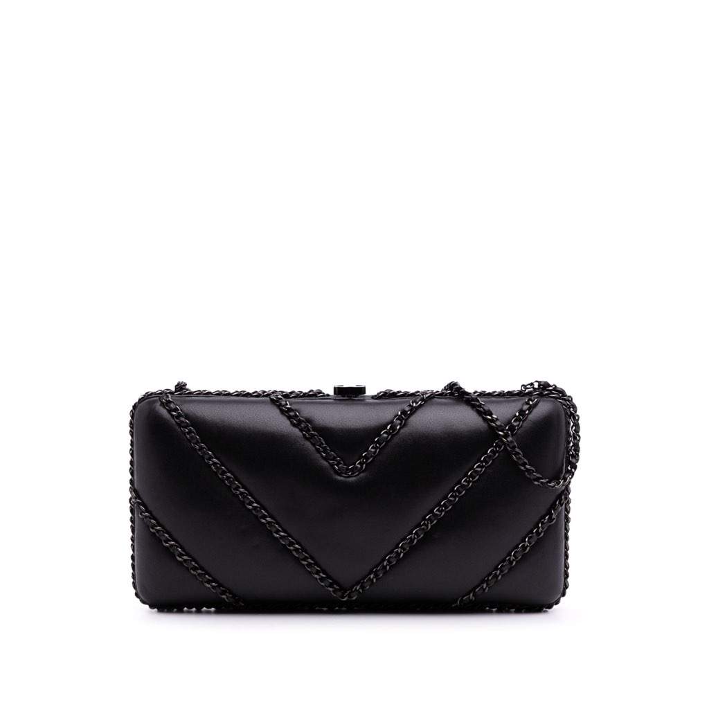 Chanel Chevron Lambskin Chain Around Clutch on Chain Black Leather Good - Front View