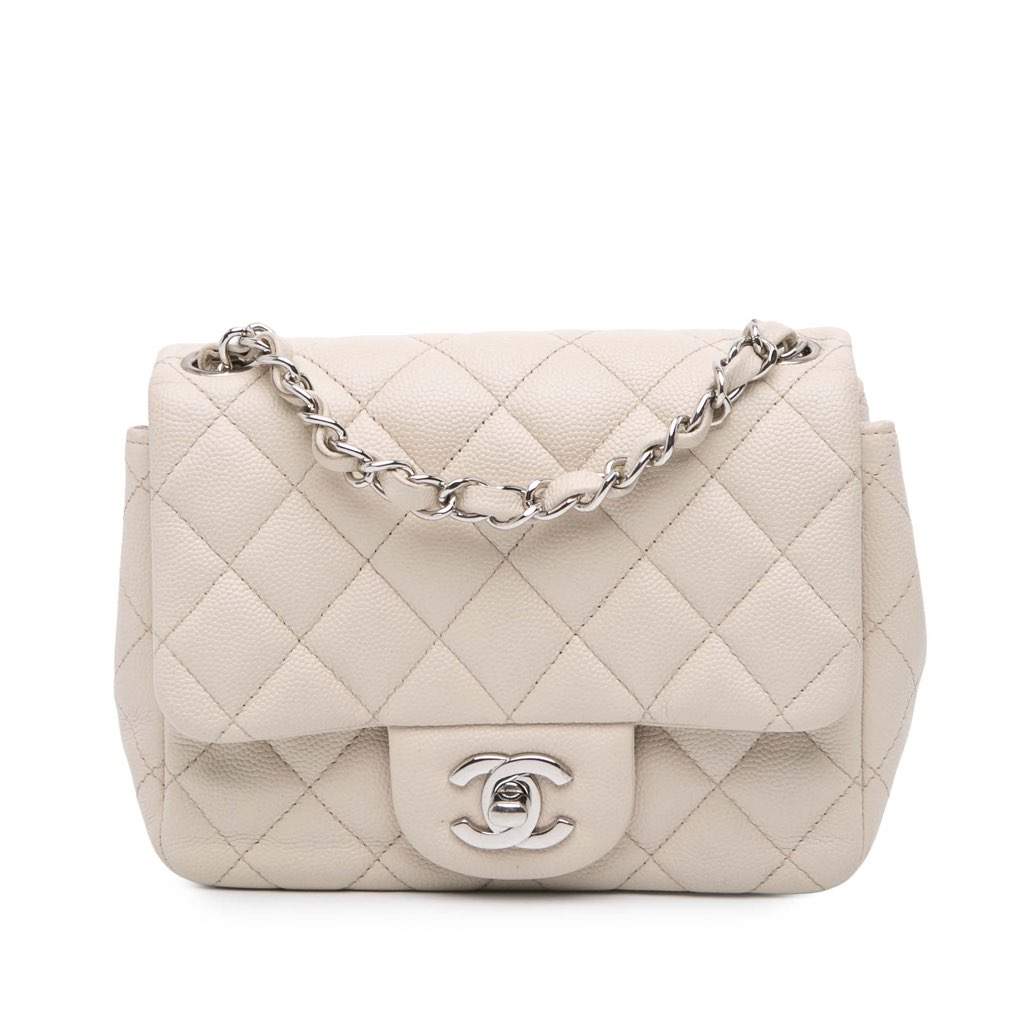 Chanel Mini Square Classic Caviar Single Flap White Leather Good condition - Front View