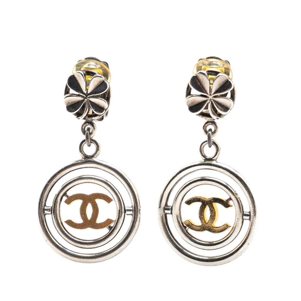 Chanel Silver Clover CC Drop Clip on Earrings Silver Silver Good - Front View