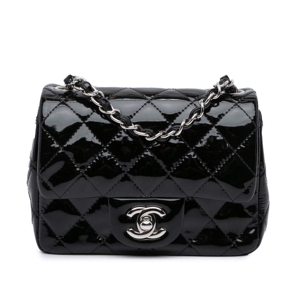 Chanel Mini Square Classic Patent Single Flap Black Leather Good - Front View