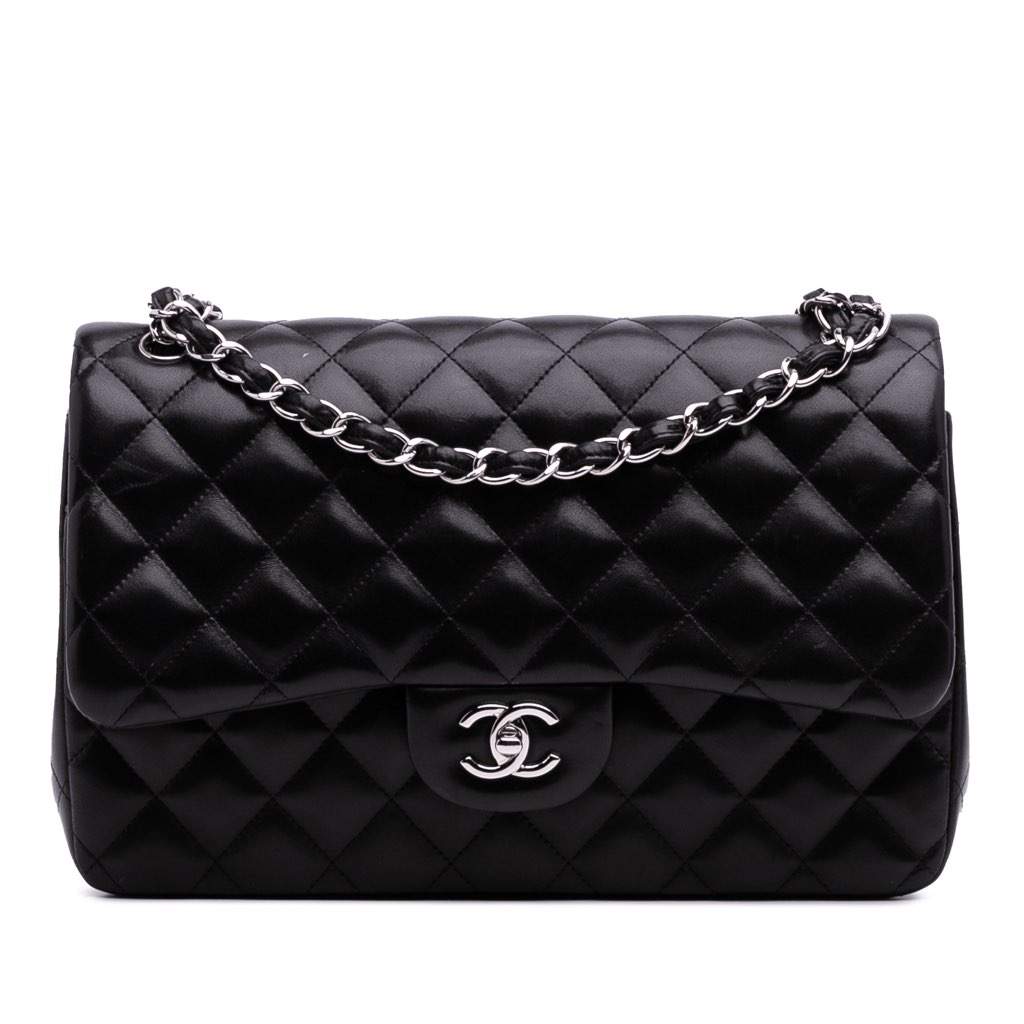 Chanel Jumbo Classic Lambskin Double Flap Black Leather Good - Front View