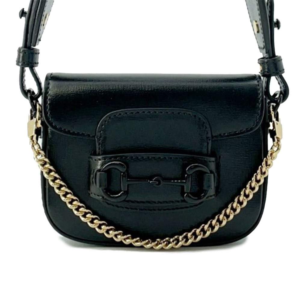 Gucci Mini Leather Horsebit 1955 Web Satchel Black Leather Good - Front View
