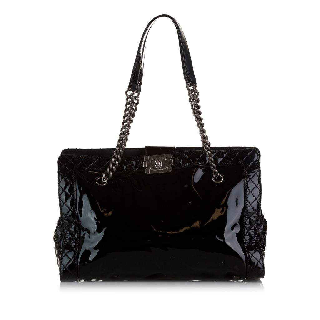 Chanel Patent Boy Reverso Shopping Tote Black Leather Good - Front View