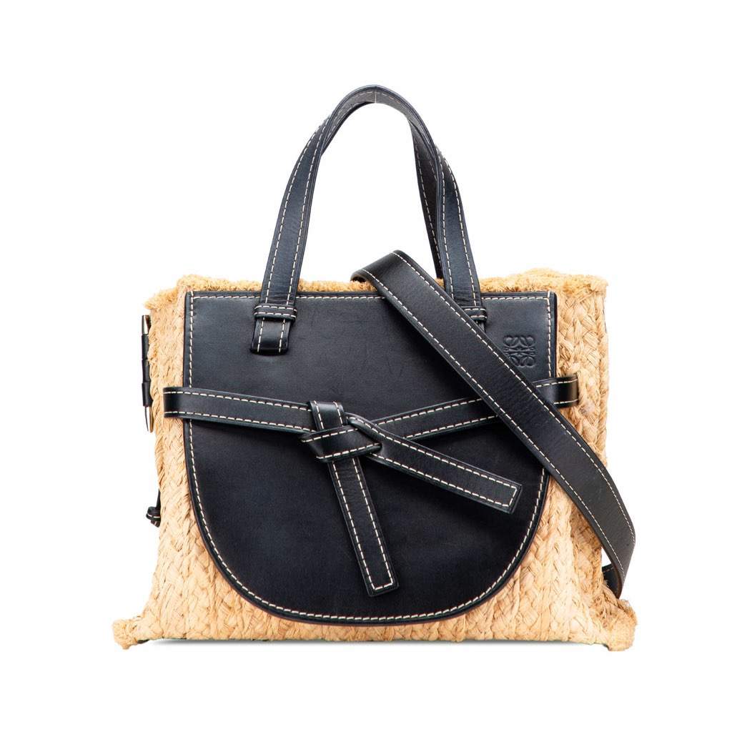 Loewe Small Raffia and Leather Gate Top Handle Bag Brown Good condition - Front View