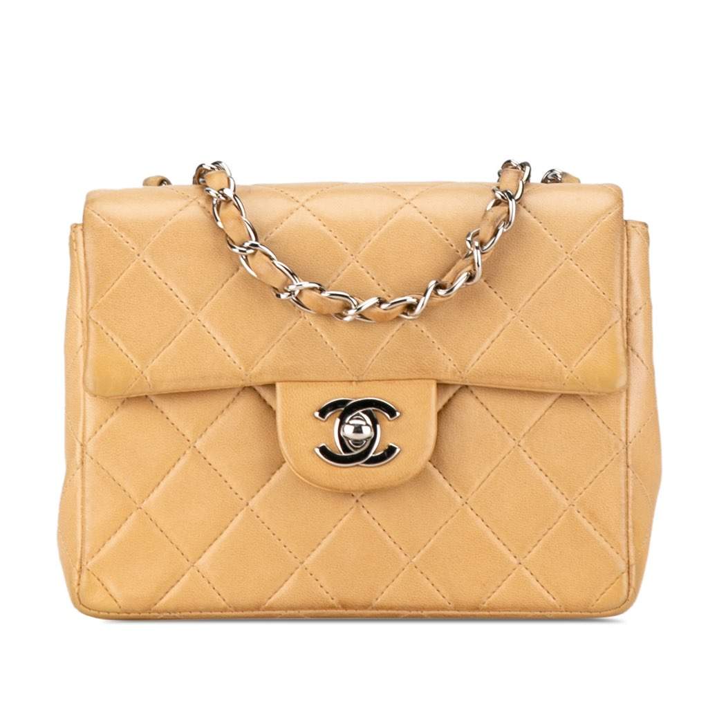 Chanel Mini Square Classic Lambskin Single Flap Brown Leather Good - Front View