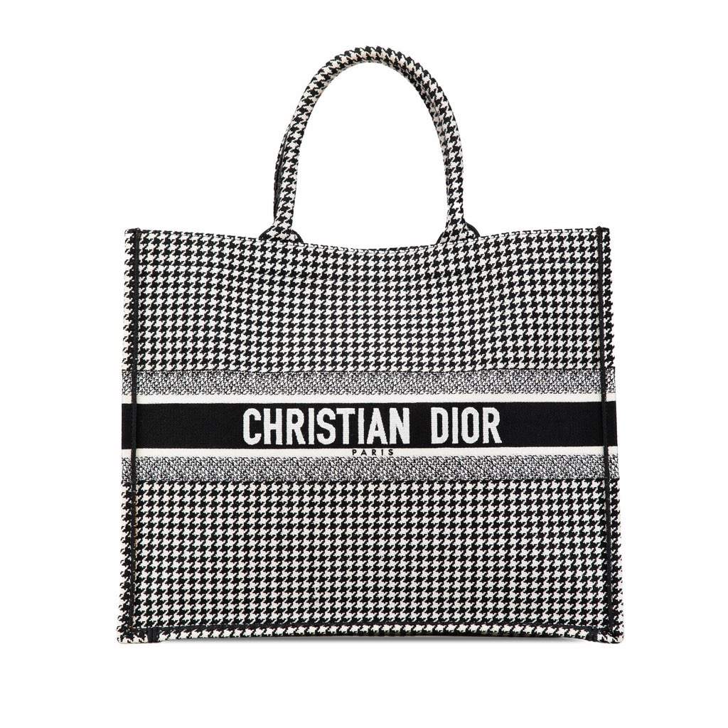 Dior Large Canvas Houndstooth Embroidered Book Tote Black Canvas Good - Front View