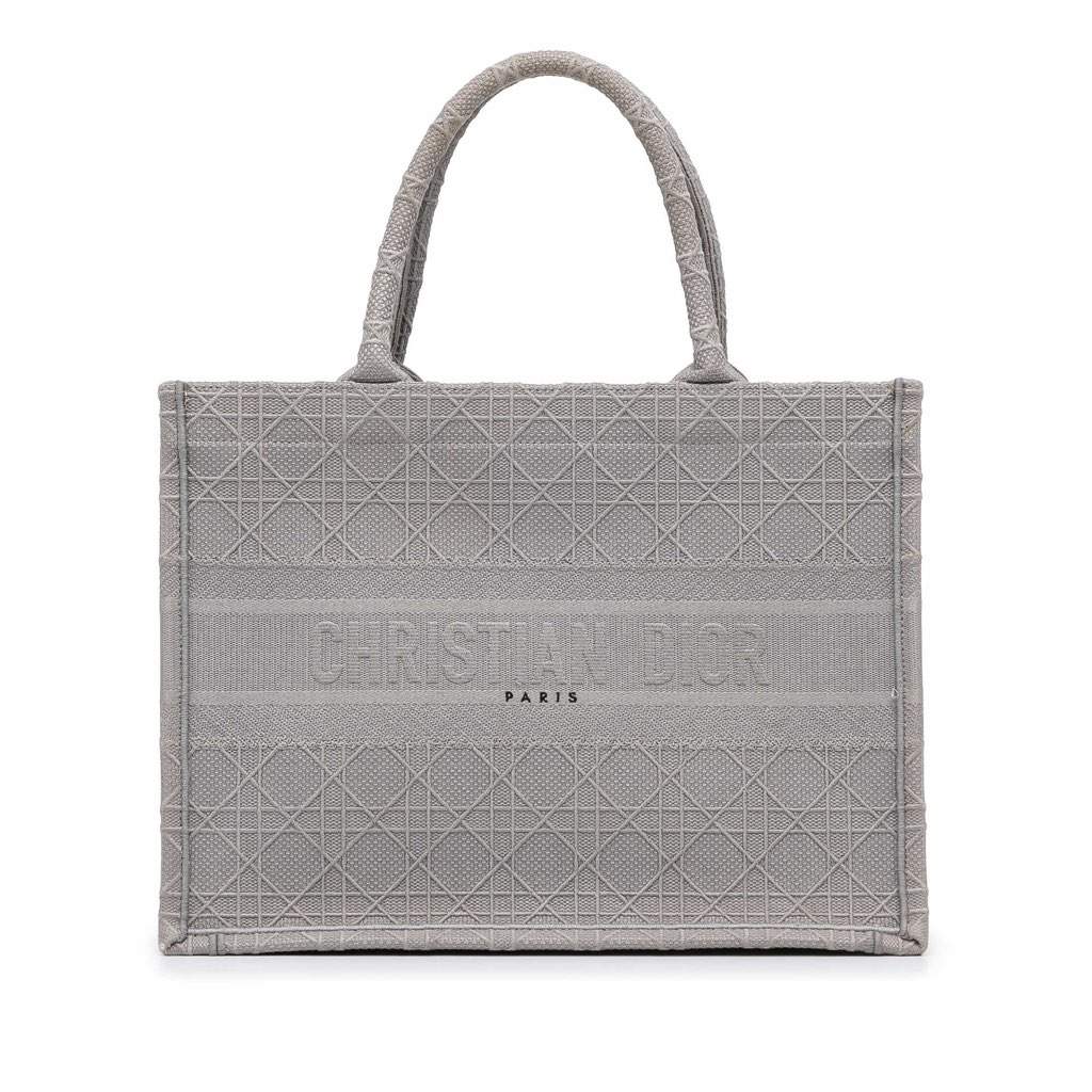 Dior Medium Cannage Embroidered Book Tote Grey Canvas Very good - Front View