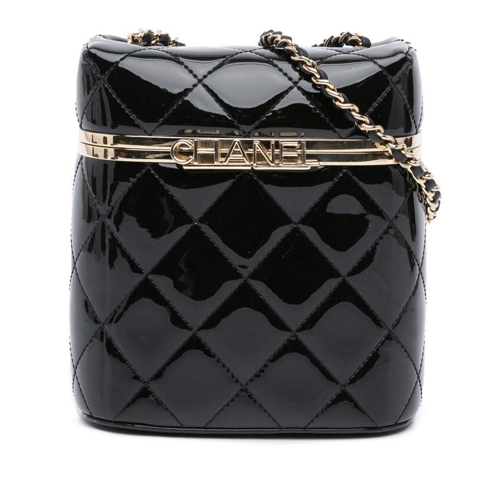 Chanel Quilted Patent Logo Chain Vanity Case Black Leather Very good - Front View