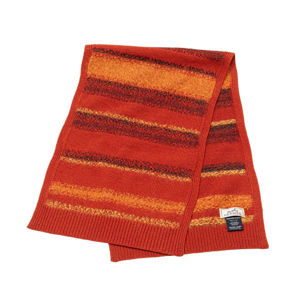 Hermès Cashmere and Mohair Wool Striped Stole Orange Wool Good condition - Front View