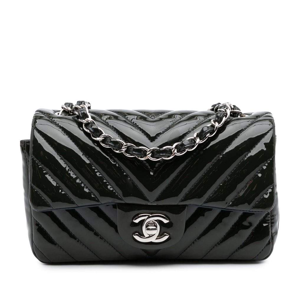 Chanel Mini Rectangular Classic Chevron Patent Single Flap Blue Leather Good condition - Front View