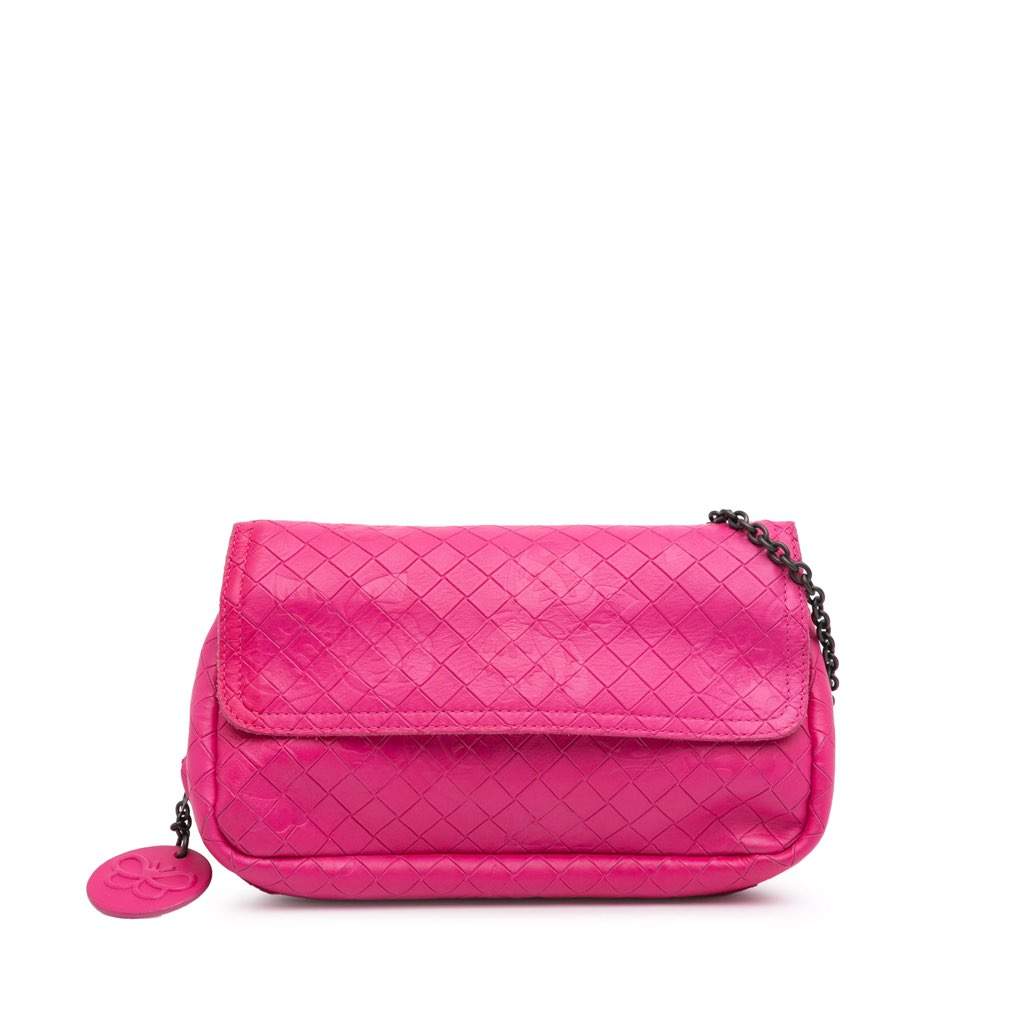 Bottega Veneta Small Calfskin Intrecciomirage Embossed Butterfly Chain Crossbody Pink Leather Very good - Front View