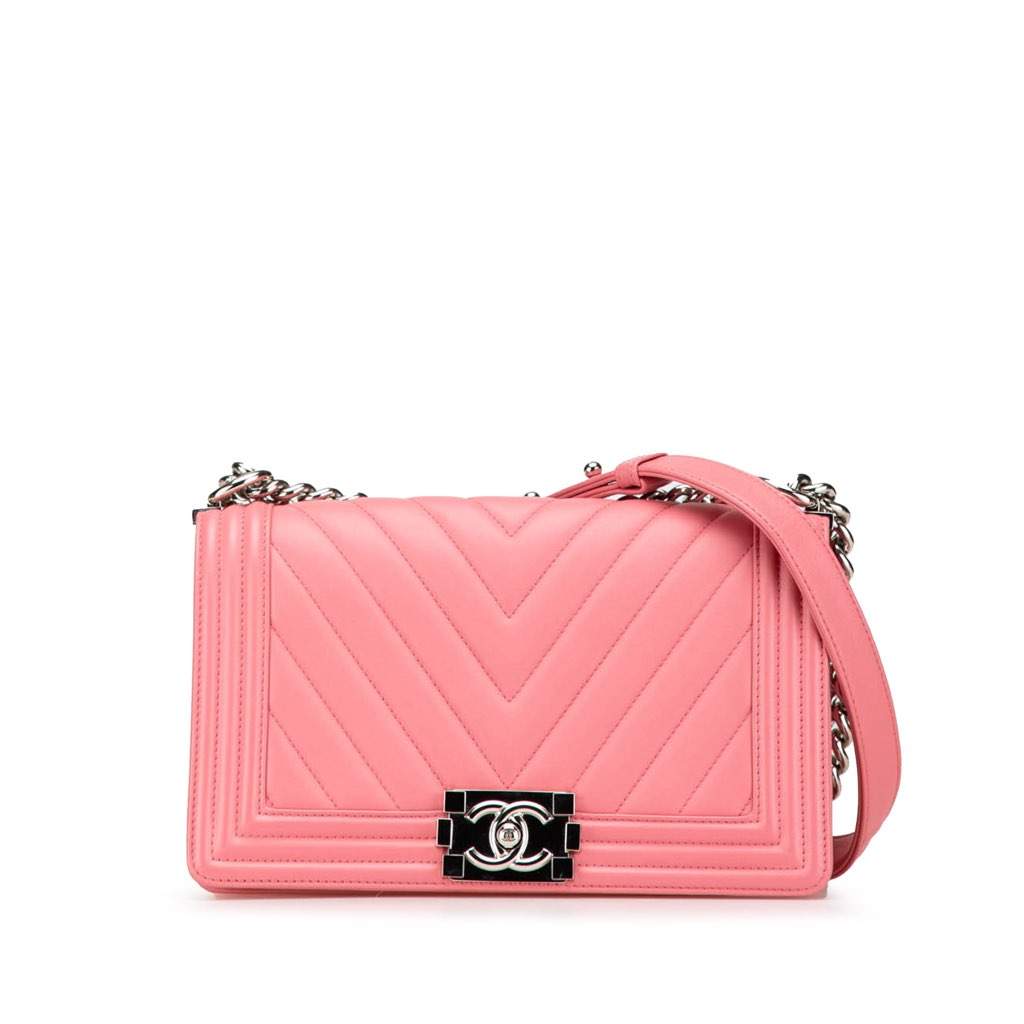 Chanel Old Medium Chevron Lambskin Boy Flap Pink Leather Very good - Front View