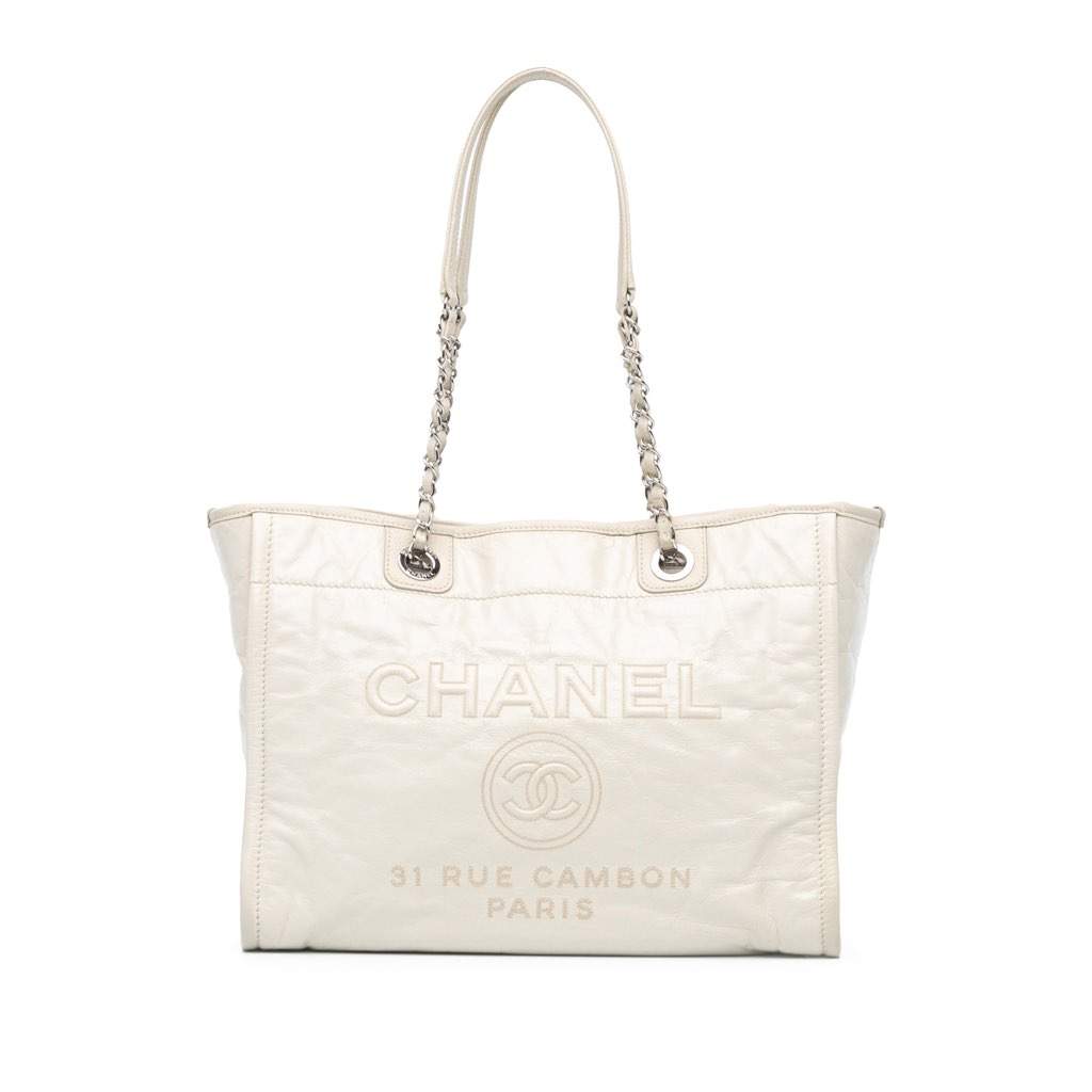 Chanel Small Glazed Calfskin Deauville Tote White Leather Good - Front View