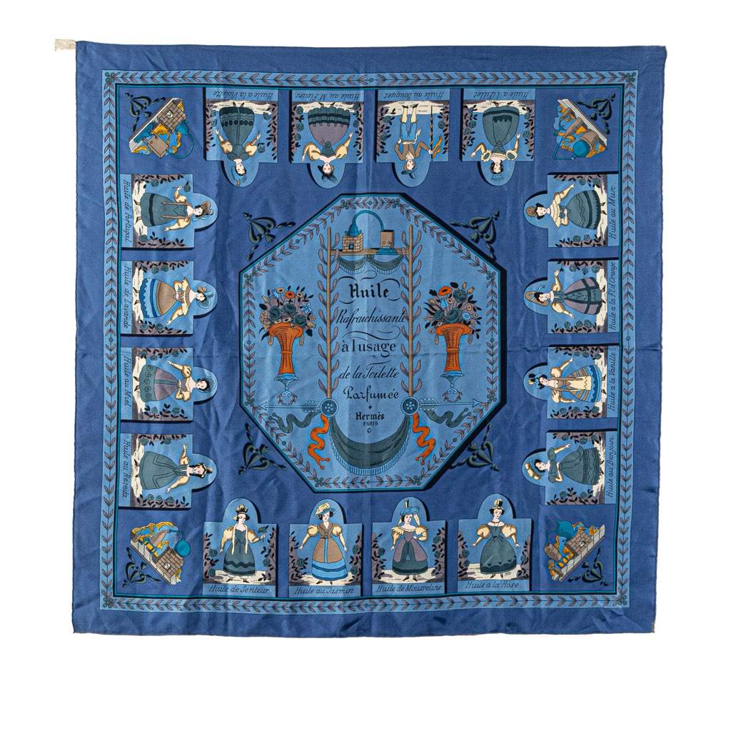 Hermès Huile Rafraichissante a L Usage de la Toilette Parfumee Silk Scarf Blue Silk Good condition - Front View
