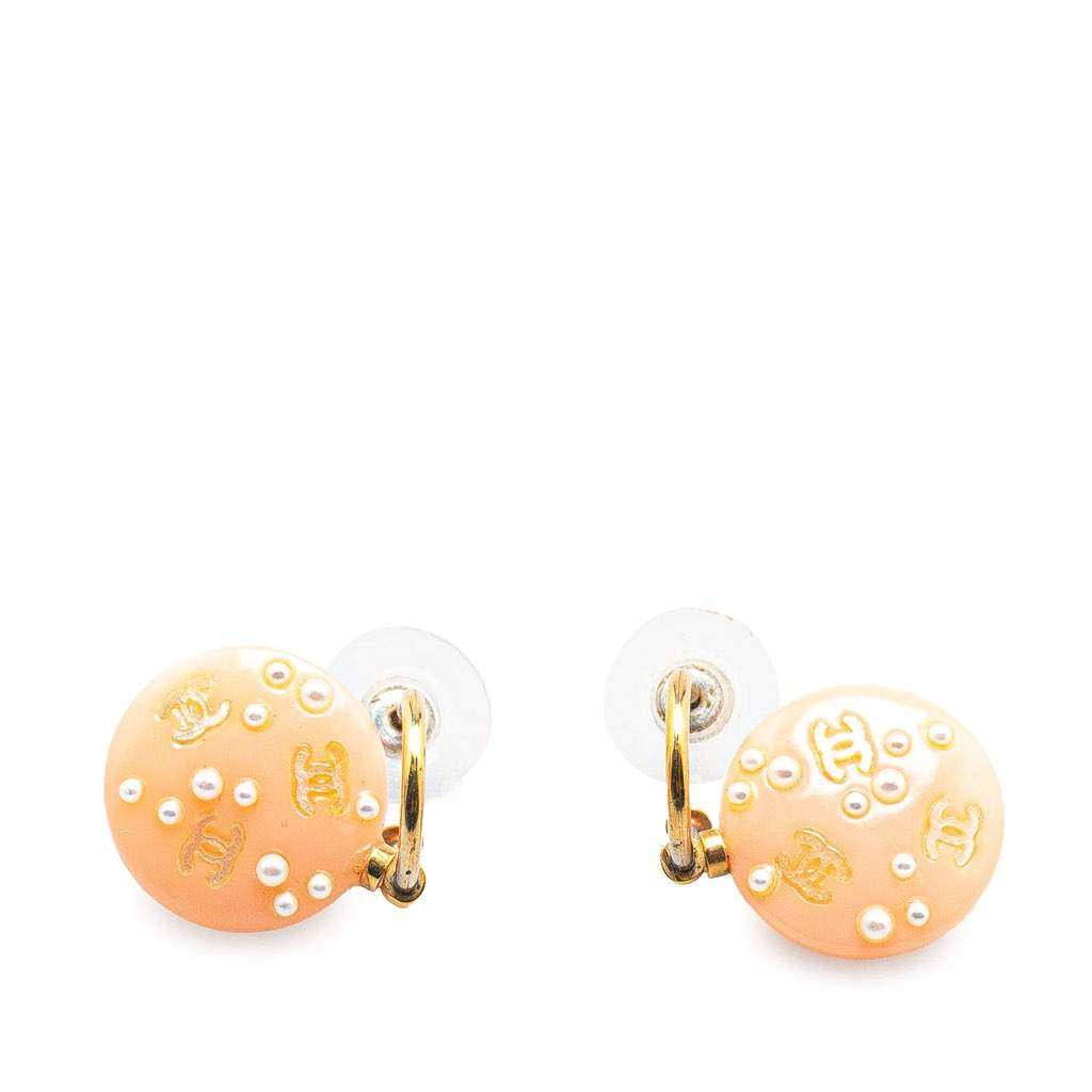 Chanel Gold Plated Faux Pearl Drop Push Back Earrings Pink Good condition - Front View