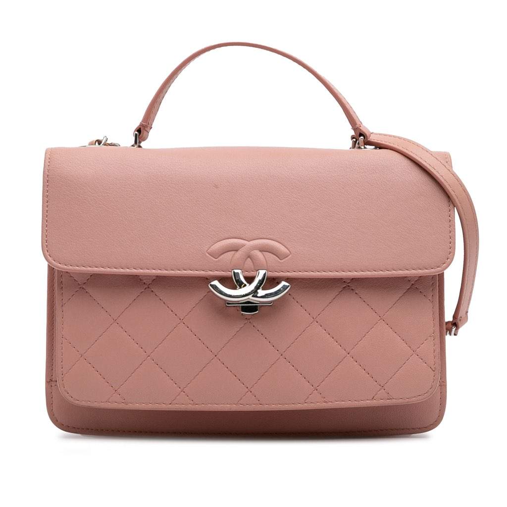 Chanel Large Quilted Goatskin CC Box Flap Pink Leather Good - Front View