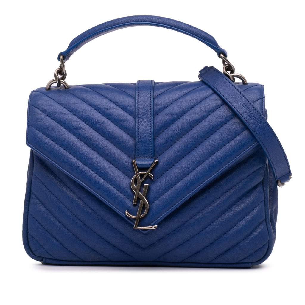 Saint Laurent Medium Quilted Chevron Sheepskin College Satchel Blue Leather Good - Front View
