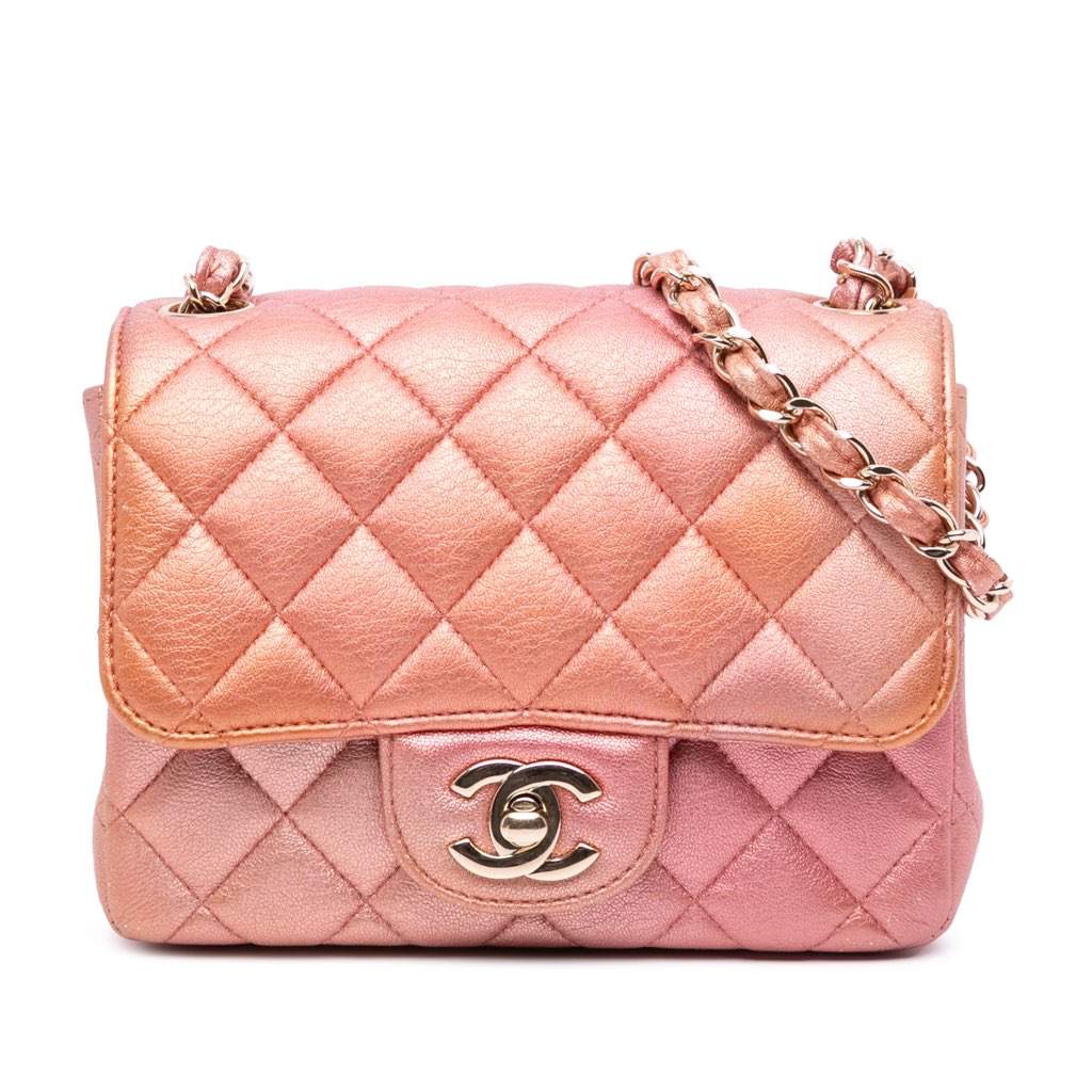 Chanel Mini Square Iridescent Calfskin Flap Orange Leather Good - Front View