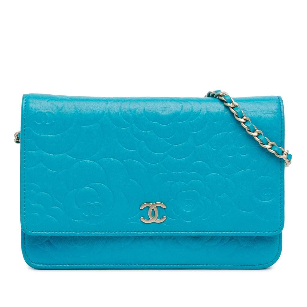 Chanel Lambskin Camellia Embossed Wallet On Chain Blue Leather Good condition - Front View