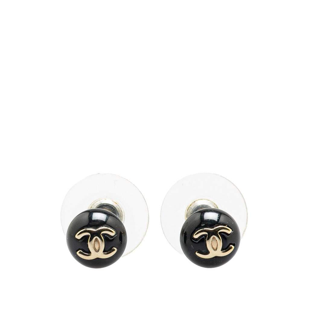 Chanel Resin CC Button Push Back Earrings Black Very good - Front View