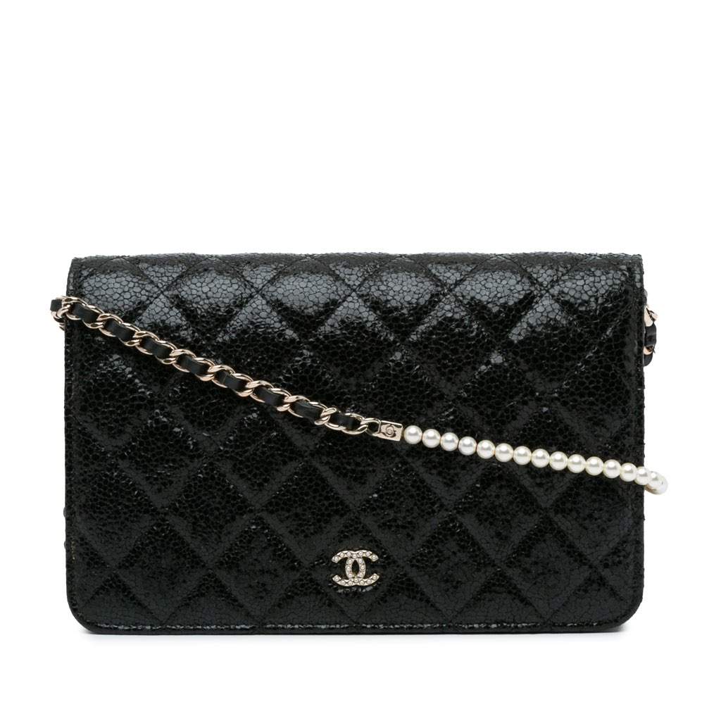 Chanel Quilted Crackled Patent Pearl Strap Wallet On Chain Black Leather Good - Front View