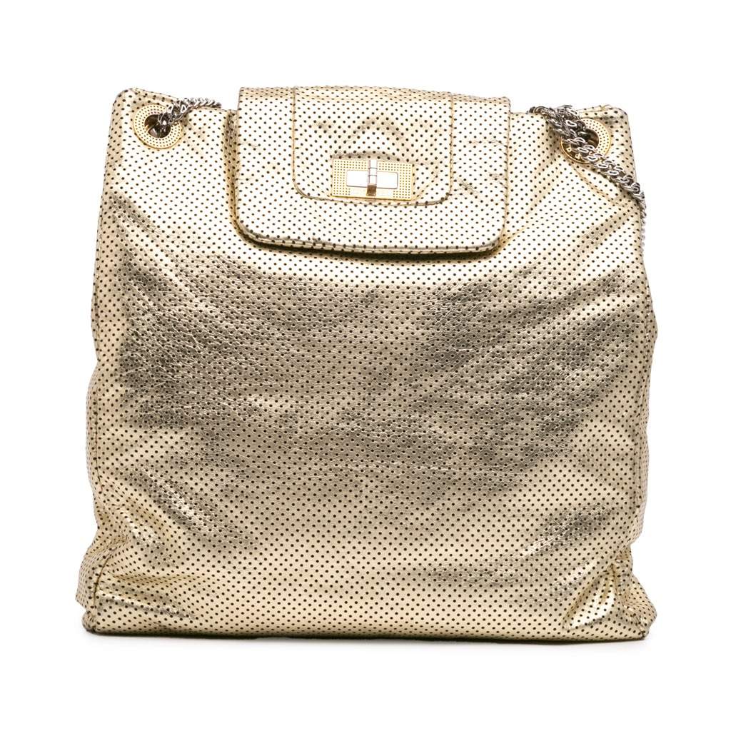 Chanel Perforated Crackled Metallic Calfskin Drill Tote Gold Leather Very good - Front View