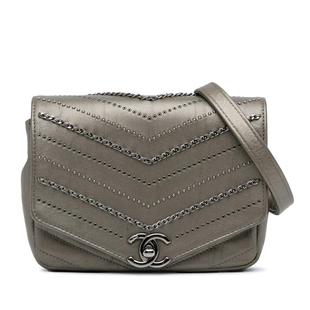 Chanel Mini Embellished Calfskin Chevron Square Envelop Flap Grey Leather Very good - Front View