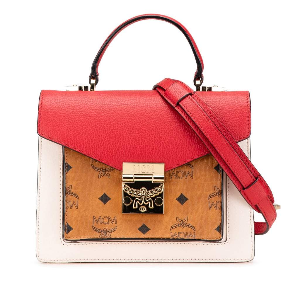 Mcm Small Visetos Coated Canvas Colorblock Patricia Pocket Top Handle Bag Brown Canvas Good - Front View