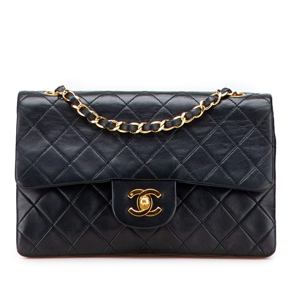 Chanel Small Classic Lambskin Double Flap Black Leather Good - Front View