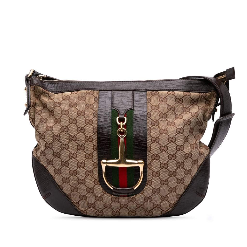 Gucci GG Canvas Hasler Web Crossbody Brown Canvas Good - Front View