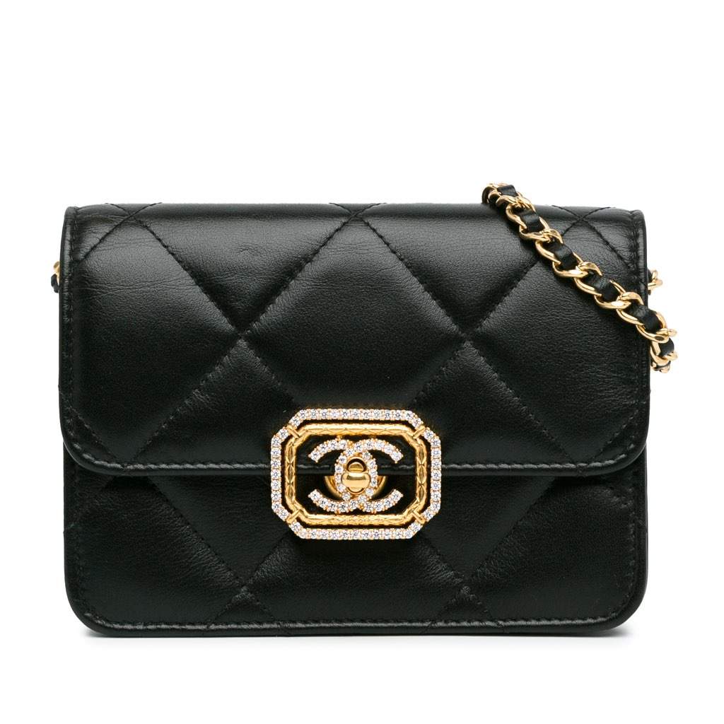 Chanel Quilted Calfskin Strass Clutch With Chain Flap Black Leather Very good - Front View