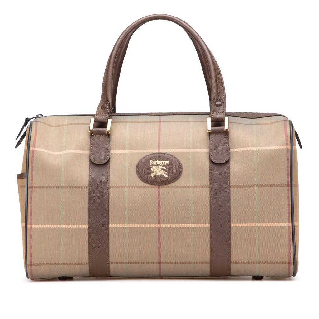 Burberry Vintage Check Canvas Boston Bag Brown Canvas Good - Front View