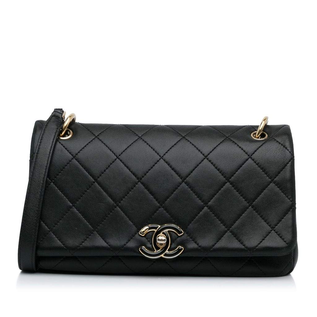 Chanel Large Lambskin Twist Chain Enamel CC Flap Black Leather Very good condition - Front View