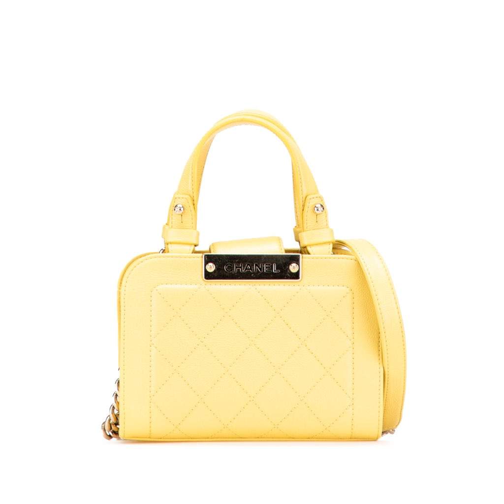 Chanel Mini Calfskin Label Click Shopping Tote Yellow Leather Very good - Front View