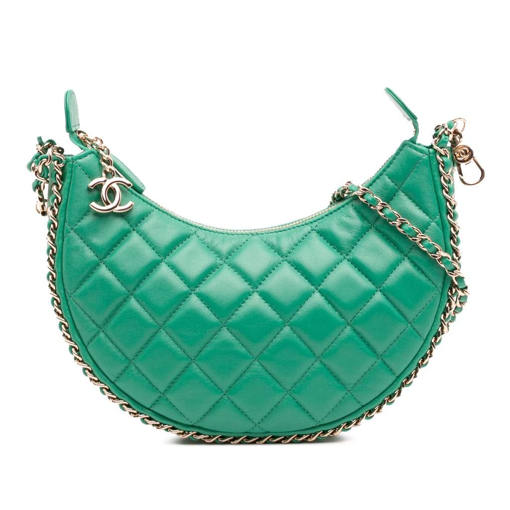 Chanel Small Quilted Lambskin Chain Around Hook Hobo Bag Green Leather Very good - Front View