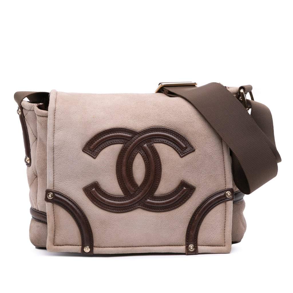 Chanel CC Suede and Shearling Messenger Bag Brown Leather Good - Front View