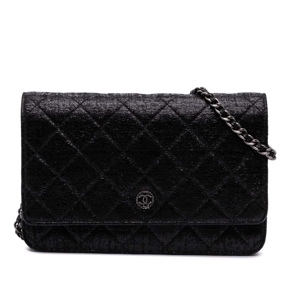 Chanel CC Quilted Crinkled Patent Wallet On Chain Black Leather Good condition - Front View