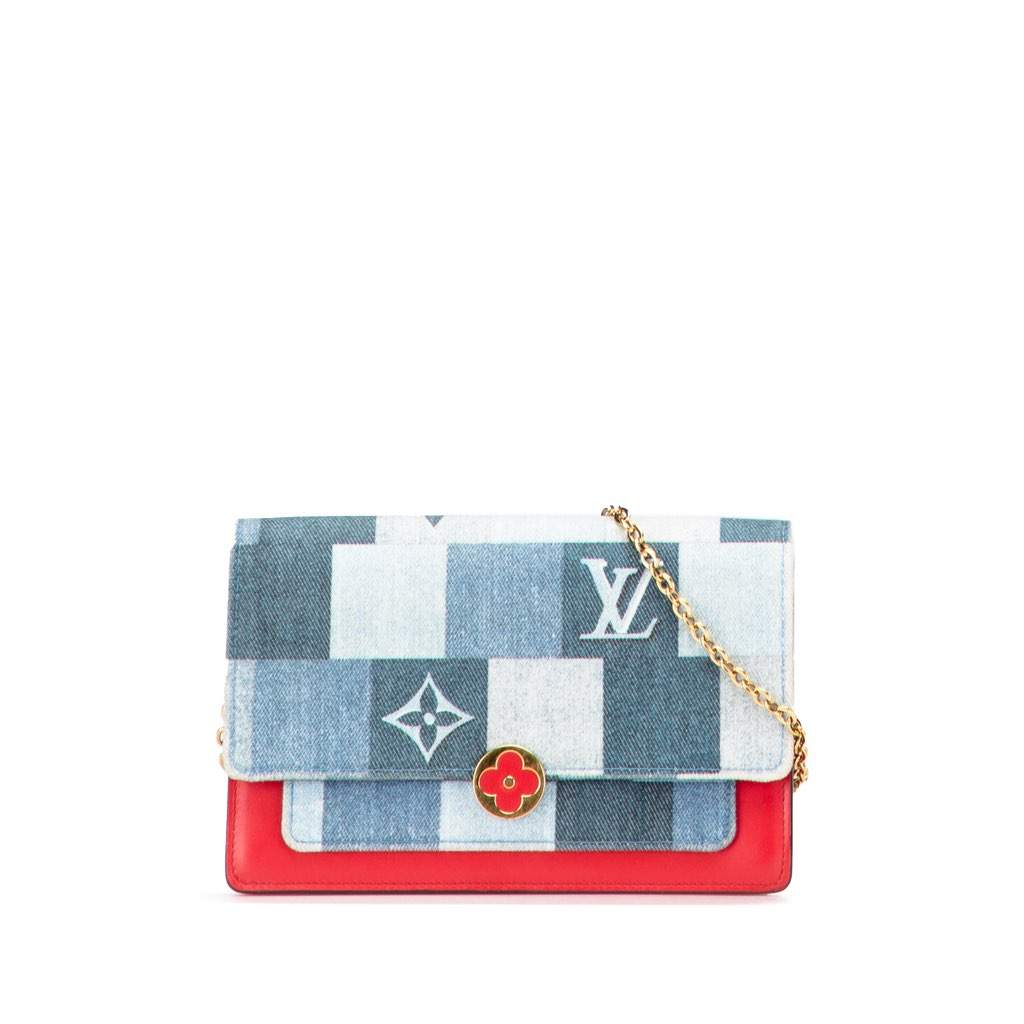 Louis Vuitton Monogram Denim Patchwork Fiore Chain Wallet Blue Canvas Very good - Front View