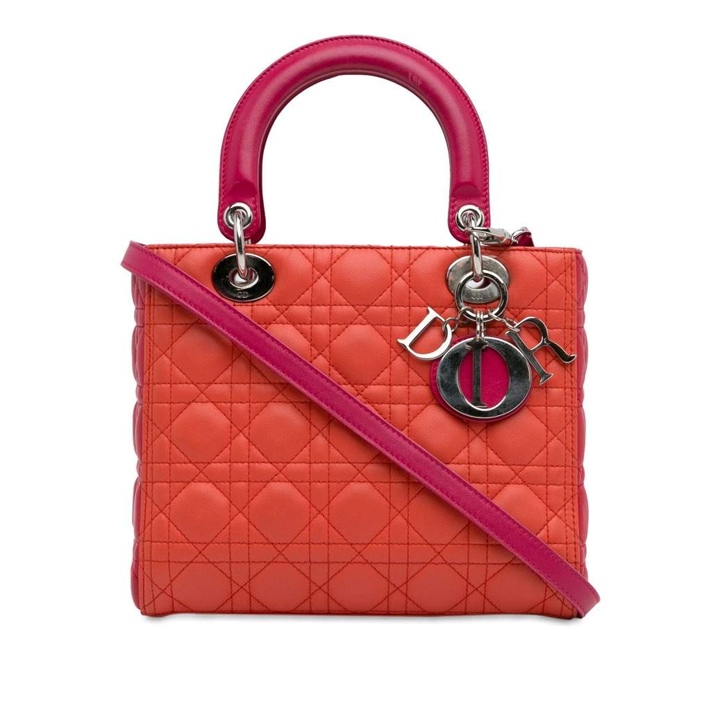 Dior Medium Bicolor Lambskin Cannage Lady Dior Orange Leather Very good - Front View