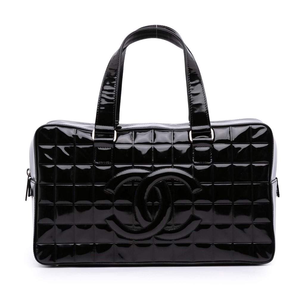 Chanel CC Chocolate Bar Patent Bowler Bag Black Leather Good - Front View