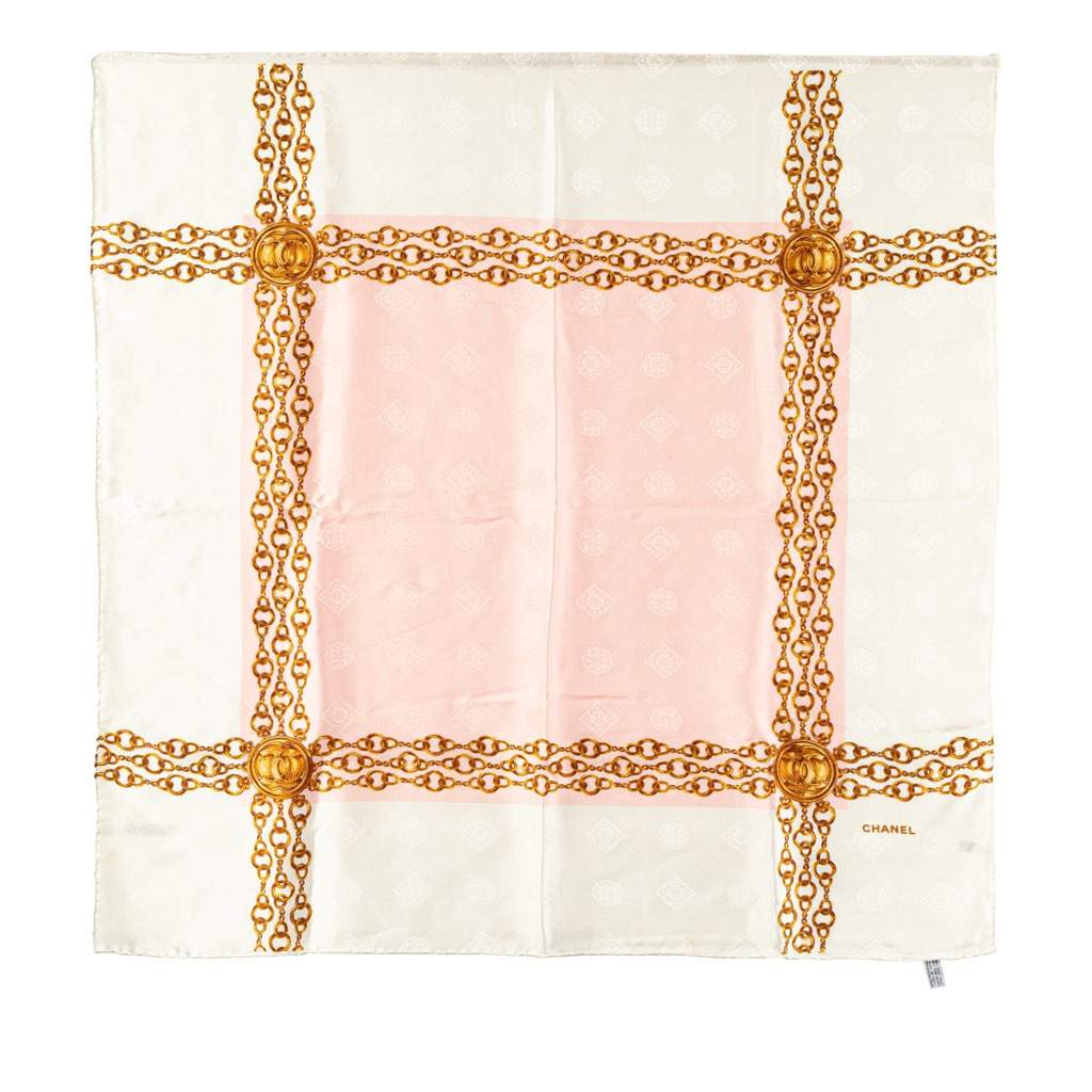 Chanel Chain Printed Silk Scarf White Silk Good condition - Front View