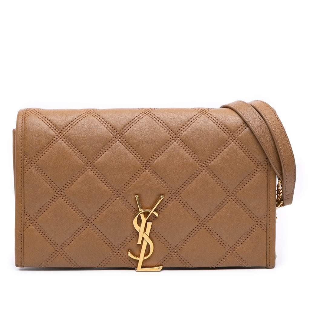 Saint Laurent Quilted Diamond Lambskin Becky Wallet on Chain Brown Leather Good - Front View