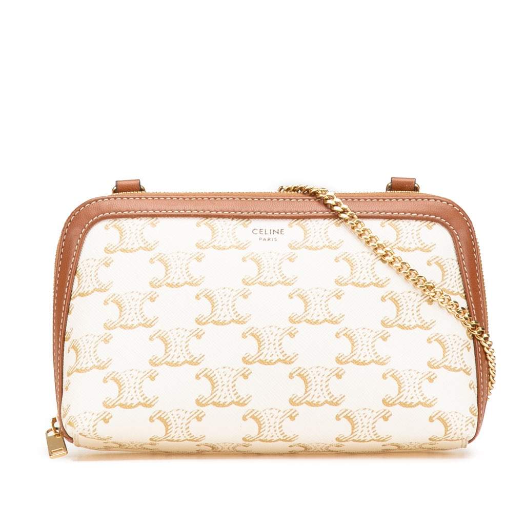 Celine Triomphe Coated Canvas Clutch On Chain White Canvas Very good - Front View