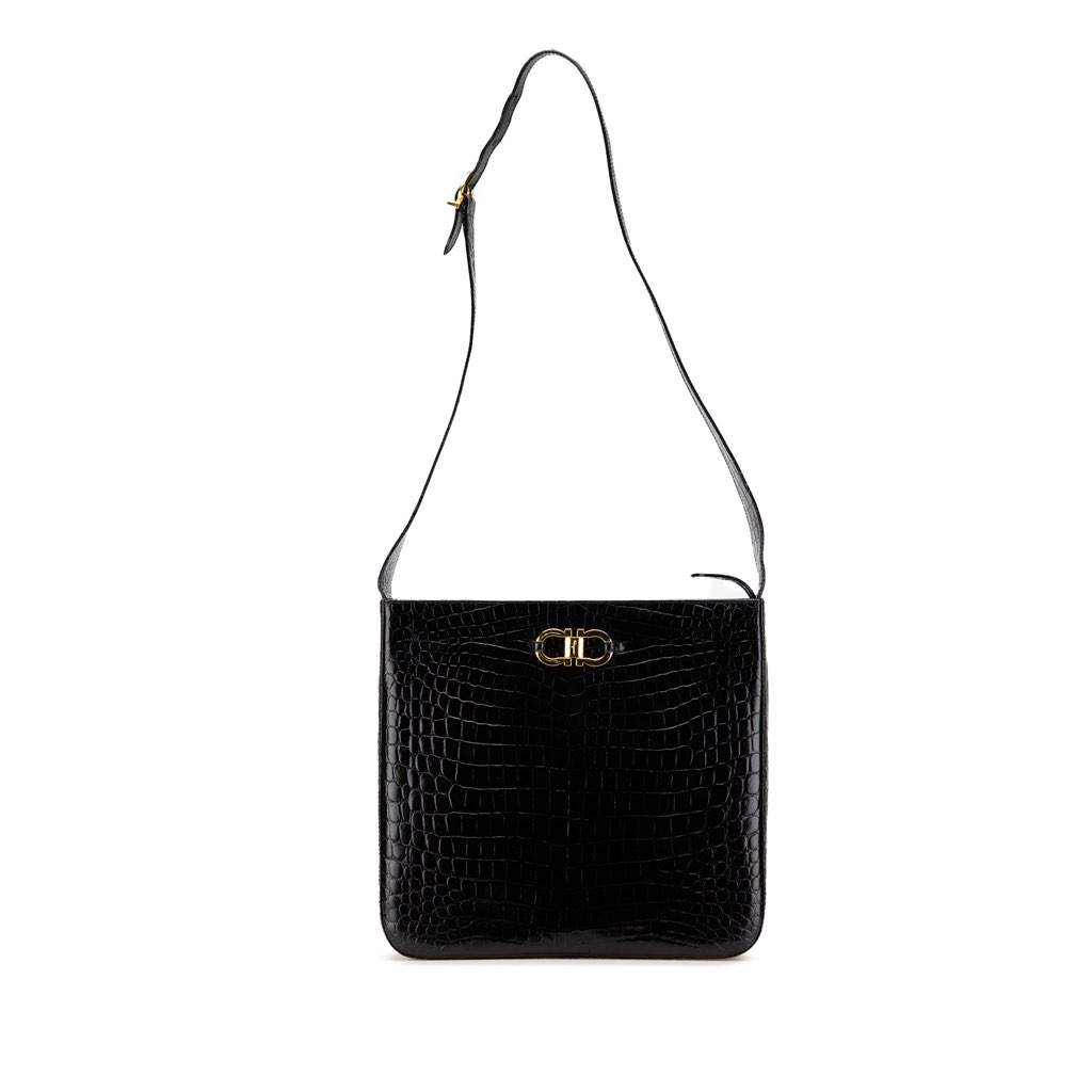 Salvatore Ferragamo Croc Embossed Leather Gancini Crossbody Black Leather Good - Front View
